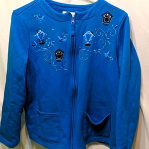 Breckenridge blue jacket size large petite birds embroidered on front